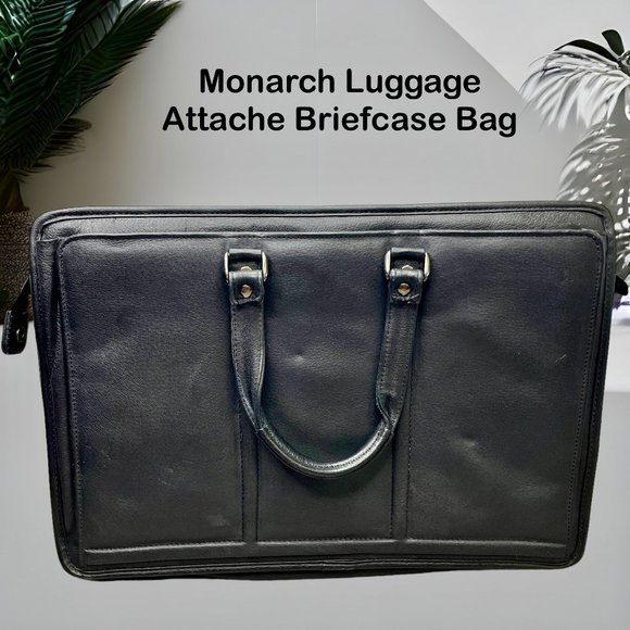 Monarch Luggage‎ Black Leather 4 Compartment Portfolio Attache Briefcase Bag EUC - Picture 1 of 10